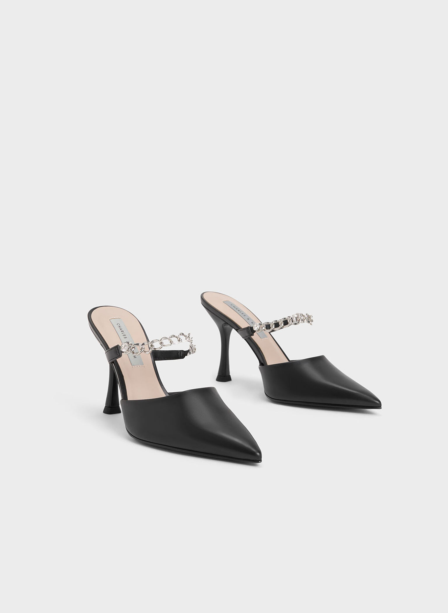 Black Chain-Link Strap Heeled Mules - CHARLES & KEITH SG