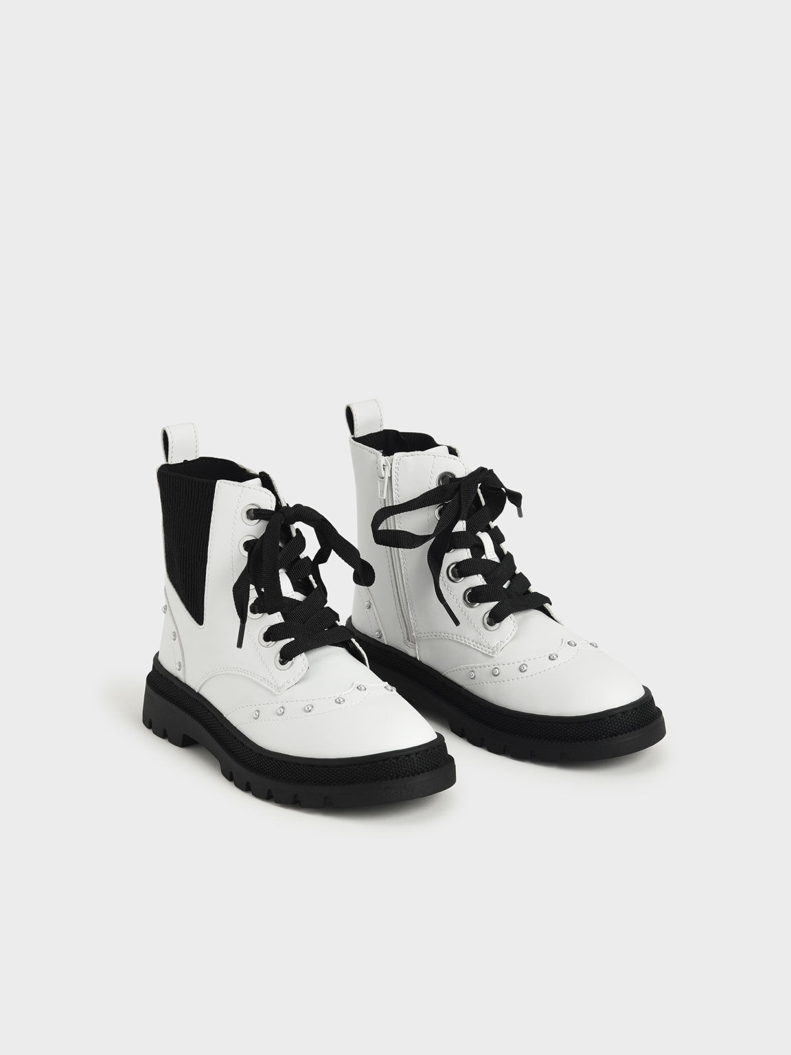 Girls' Studded Lace-Up Ankle Boots, White, hi-res