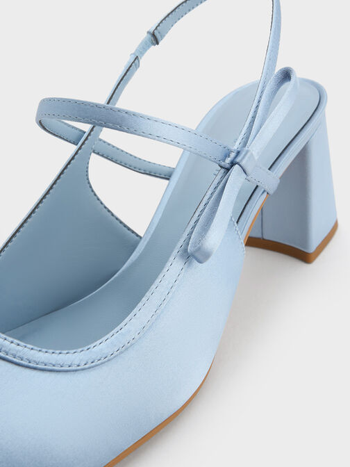 Satin Bow Slingback Mary Jane Pumps, Light Blue, hi-res