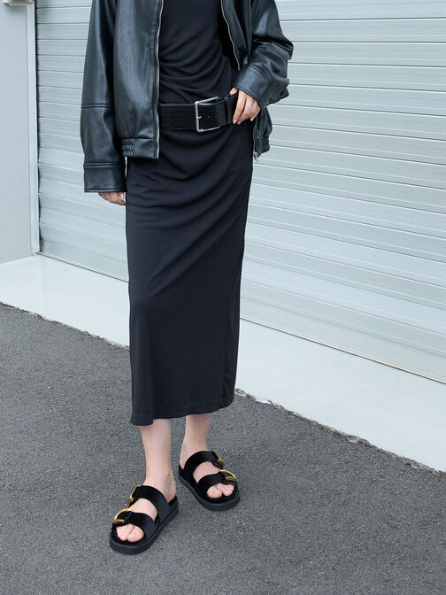 Gabine Velvet Buckle Sandals, Black Textured, hi-res