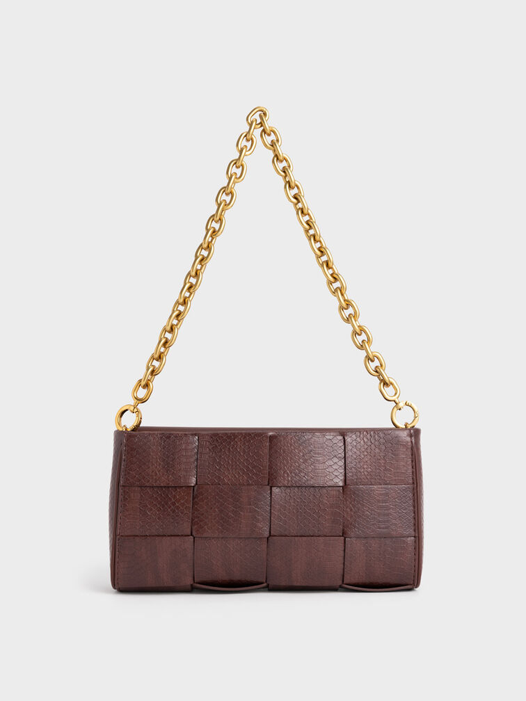 Woven Chain-Handle Bag, Brown, hi-res