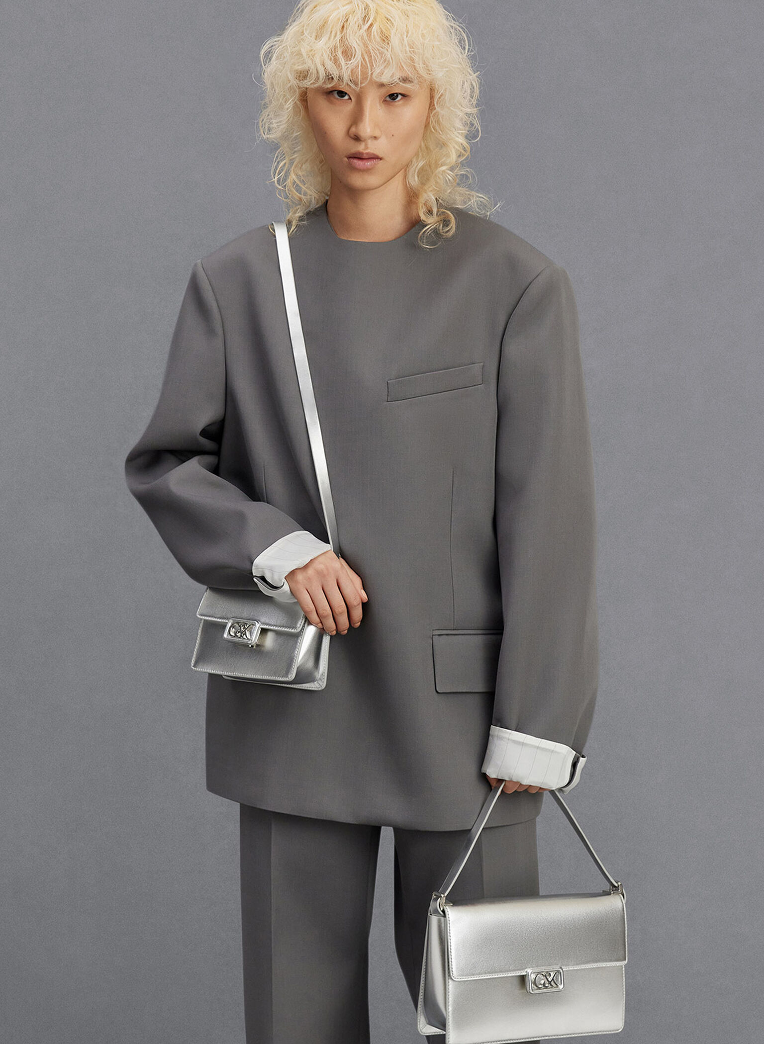 Leather Metallic Boxy Bag, Silver, hi-res