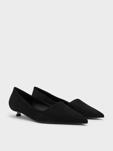 Faux Suede Pointed-Toe Kitten-Heel Pumps, Black Textured, hi-res