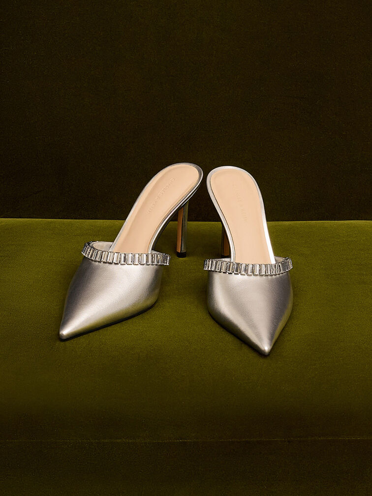 Metallic Crystal-Embellished Pointed-Toe Heeled Mules, Silver, hi-res