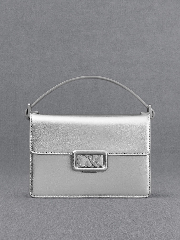 Leather Metallic Boxy Bag, Silver, hi-res