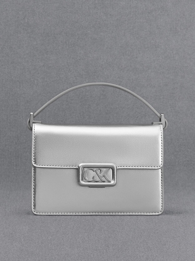 Leather Metallic Boxy Bag, Silver, hi-res