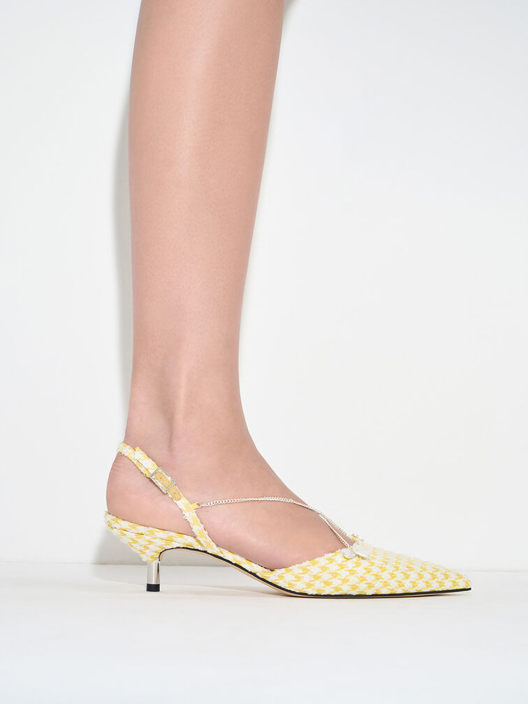 Houndstooth Flower-Accent Chain-Link Kitten-Heel Pumps, Yellow, hi-res