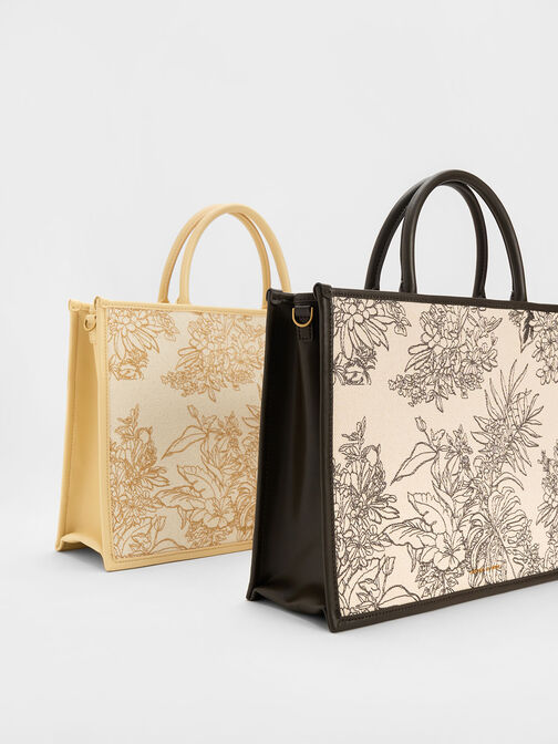 Floral Illustrated Canvas Tote Bag, Beige, hi-res