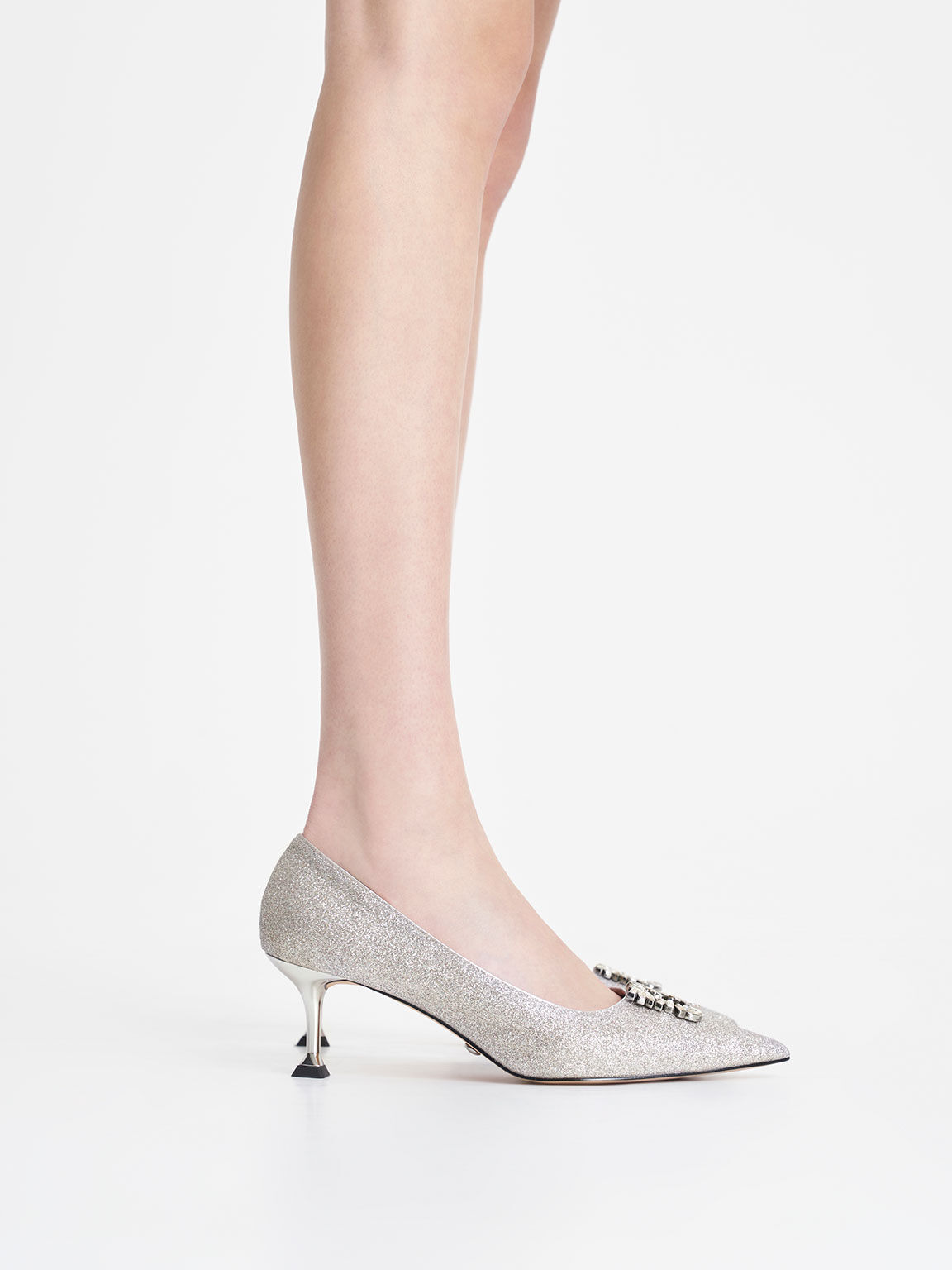 Silver Glittered Gem-Embellished Kitten Heel Pumps - CHARLES & KEITH US