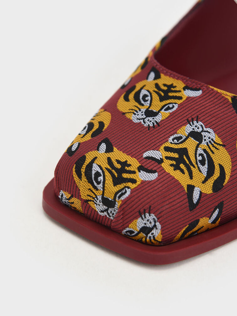 Dionne Tiger-Print Jacquard Flat Mules, Red, hi-res