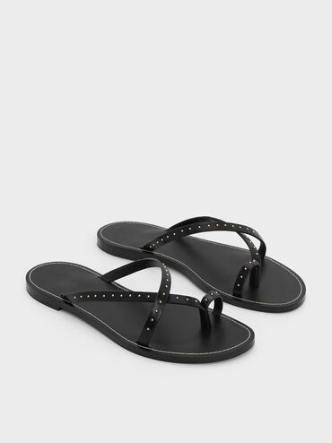 Studded Asymmetric Strappy Toe-Ring Sandals, Black, hi-res