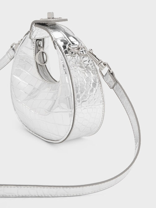 Mini Croc-Effect Metallic Moon Bag, Silver, hi-res