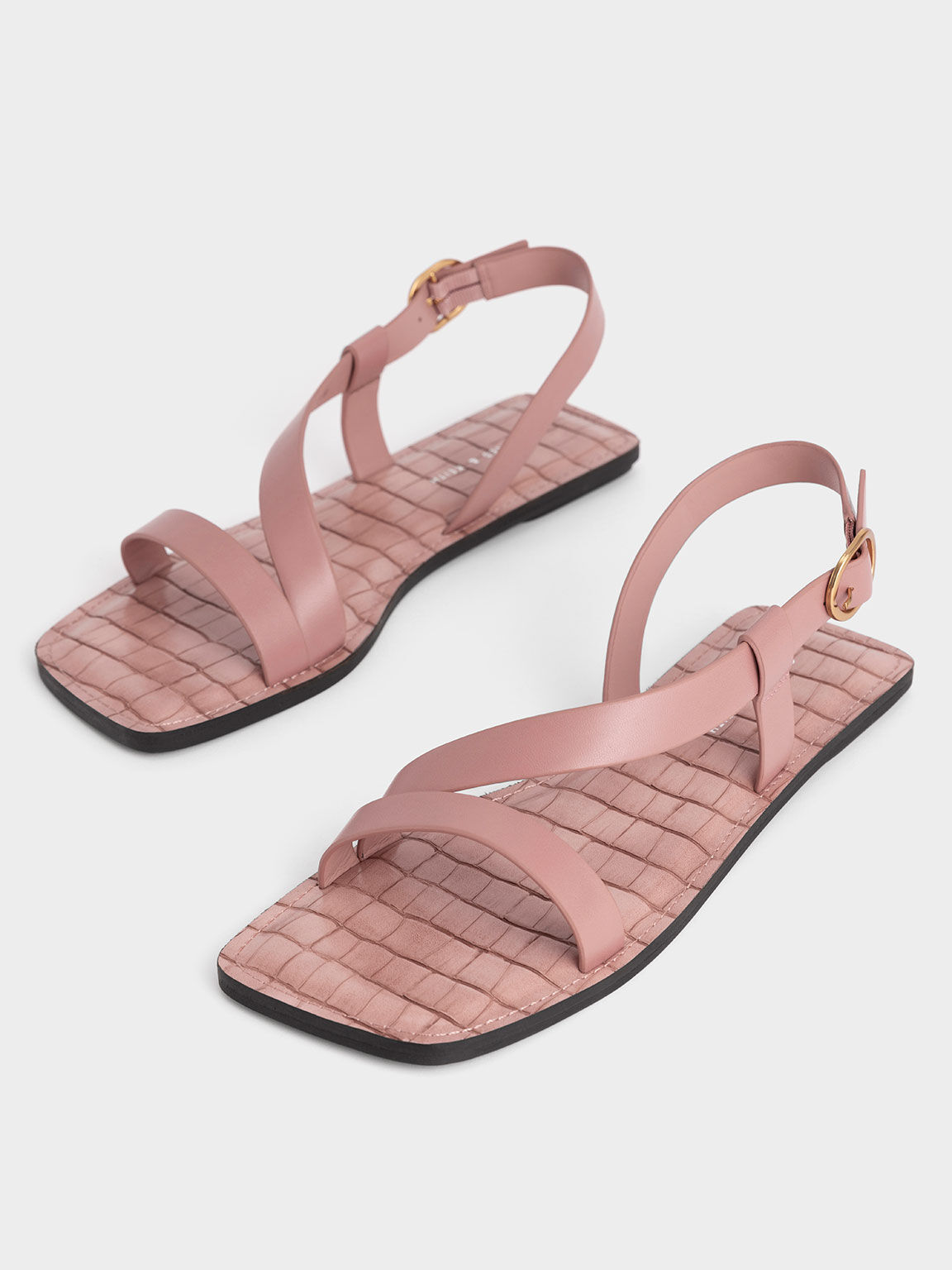 Croc-Effect Asymmetric Slingback Flat Sandals, Pink, hi-res