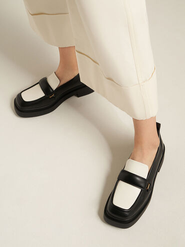Two-Tone Platform Penny Loafers, Black, hi-res