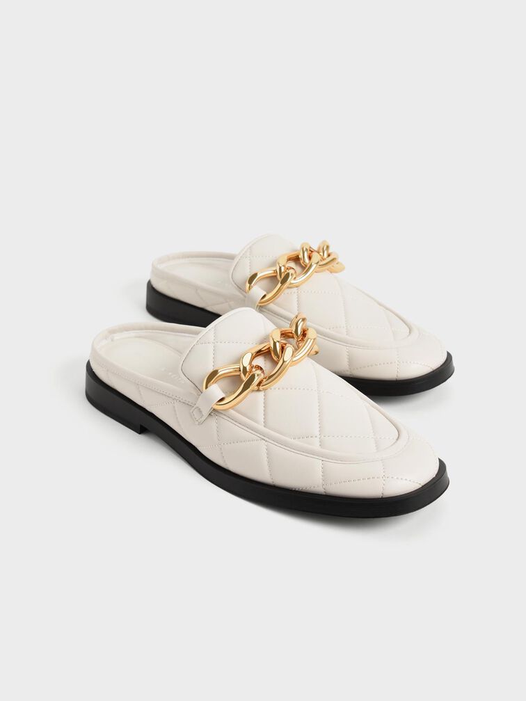 Quilted Chain Loafer Mules, Chalk, hi-res