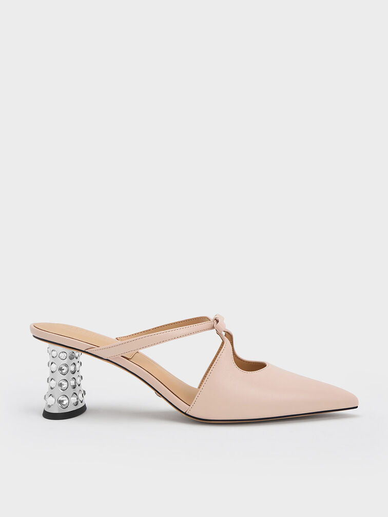 Bow Crossover Gem-Embellished Mules, Nude, hi-res