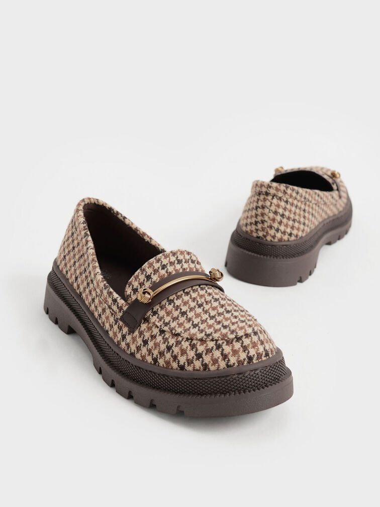 Girls' Houndstooth-Print Metallic Accent Penny Loafers, Multi, hi-res