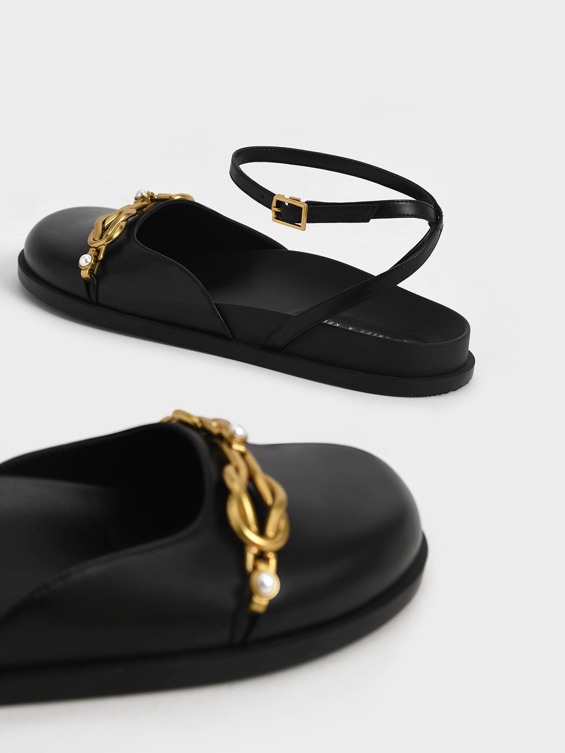 Beaded Chain-Link Ankle Strap Flats, Black, hi-res