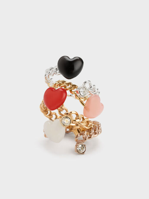 Heart Embellished Chain-Link Ring, Pink, hi-res