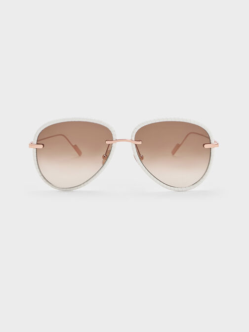 Leather Braided-Rim Aviator Sunglasses, Cream, hi-res