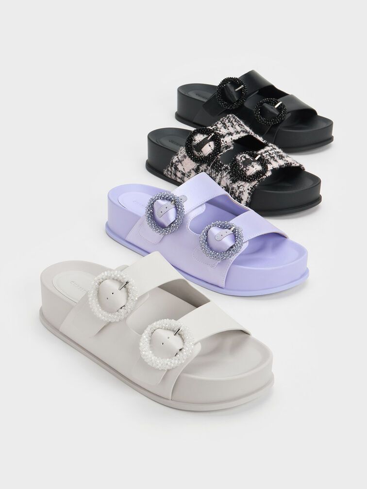 Beaded Circle Slide Sandals, White, hi-res