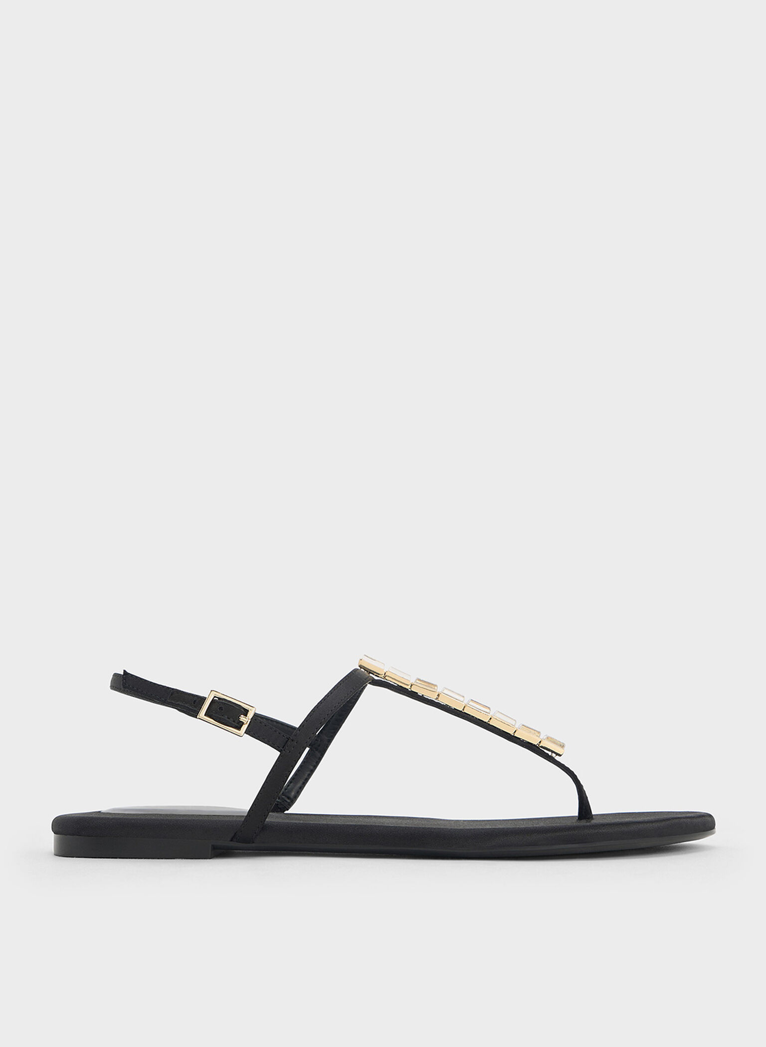 Satin Crystal-Embellished Thong Slingback Sandals, Black Textured, hi-res