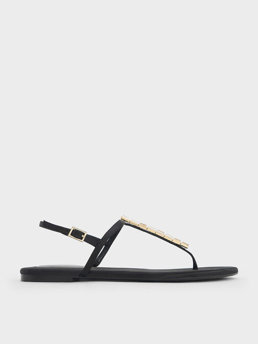 Satin Crystal-Embellished Thong Slingback Sandals, Black Textured, hi-res