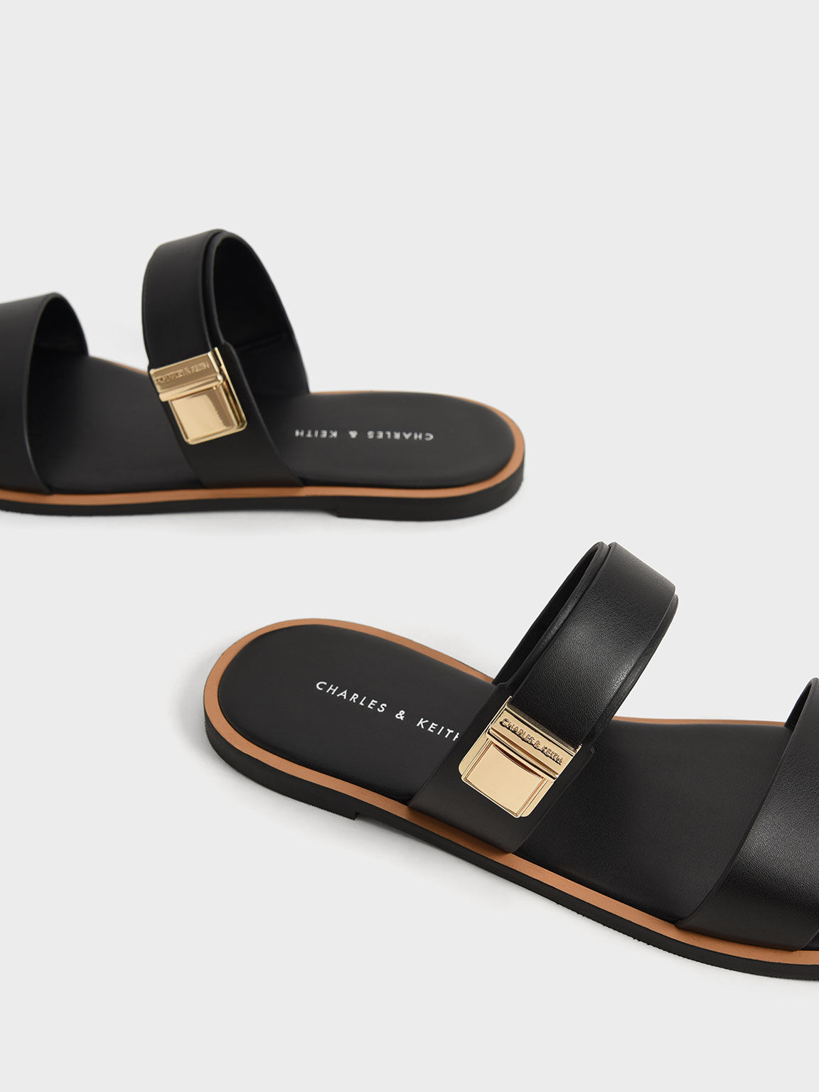 Metallic Buckle Slide Sandals, Black, hi-res