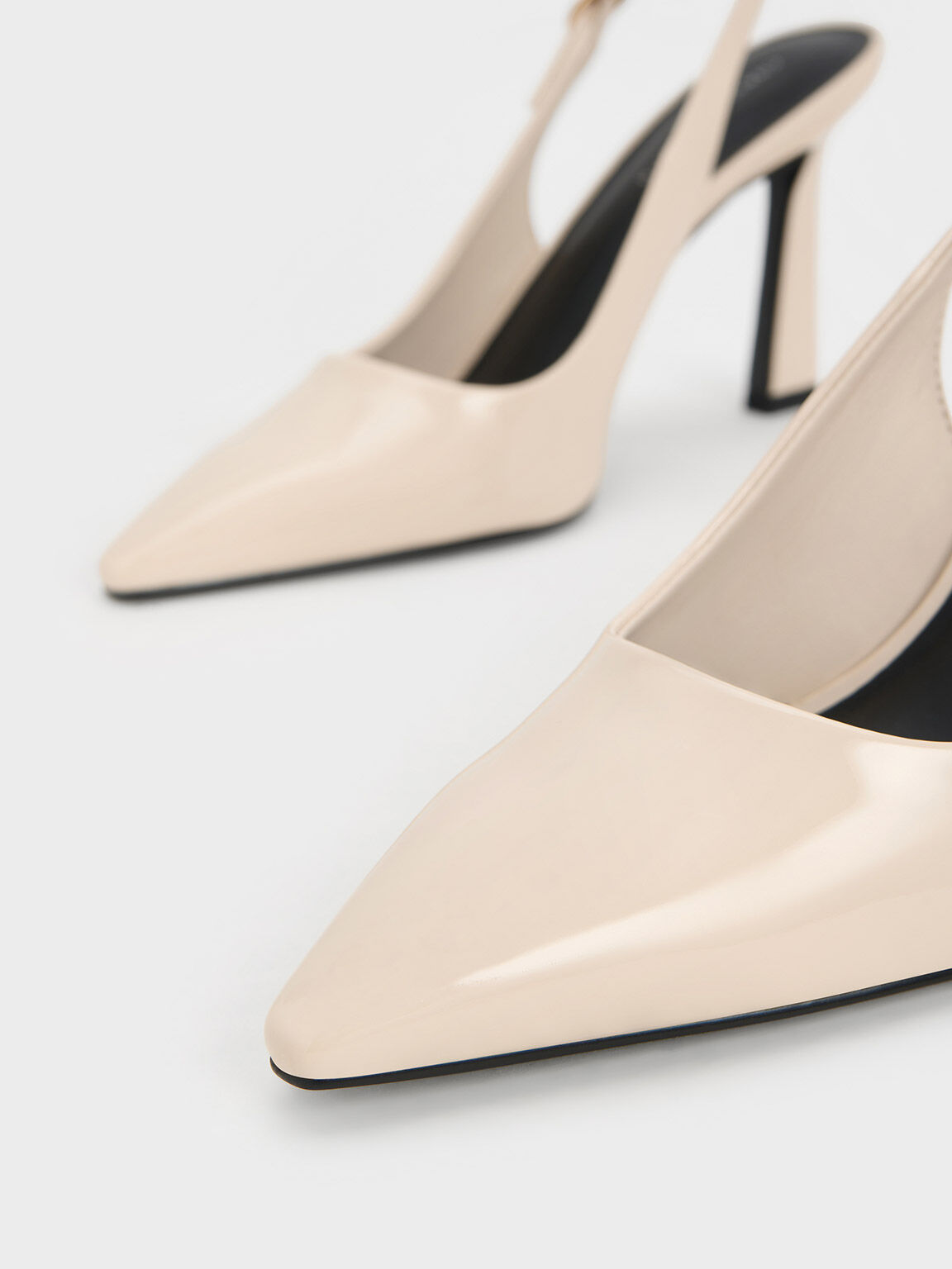 Patent Trapeze Heel Slingback Pumps Cream