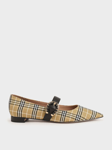 Leather Check-Print Mary Jane Flats, Multi, hi-res