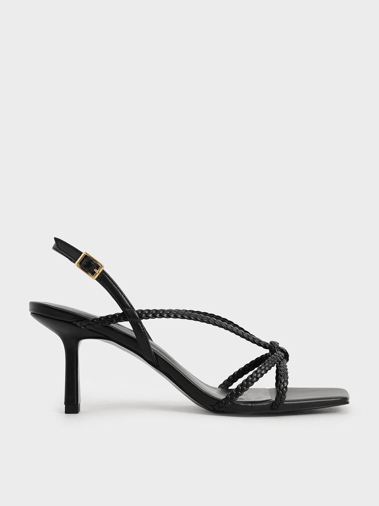 Braided Strap Heeled Sandals, Black, hi-res