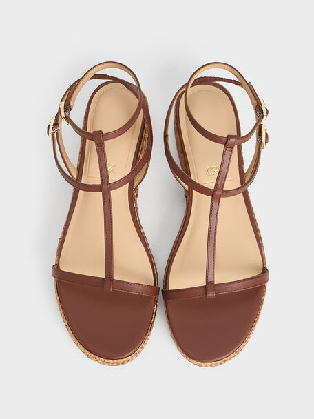 Leather T-Bar Espadrille Sandals, Brown, hi-res