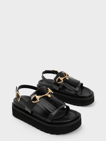 Horsebit & Fringe Platform Sandals, Black Box, hi-res