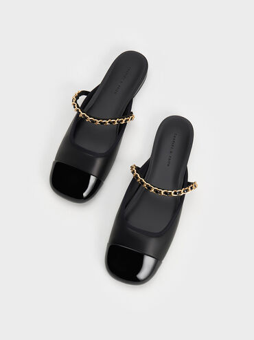 Patent Chain-Strap Mules, Black, hi-res