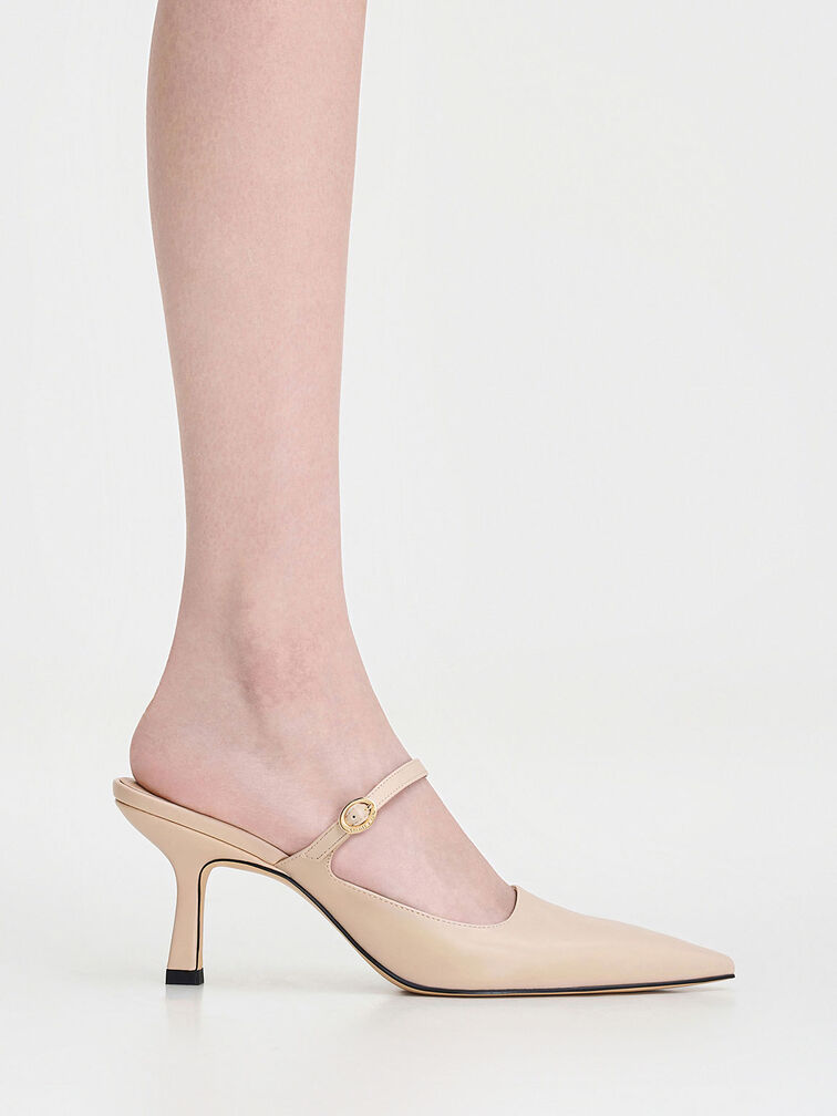 Buckle-Strap Heeled Mules, Nude, hi-res