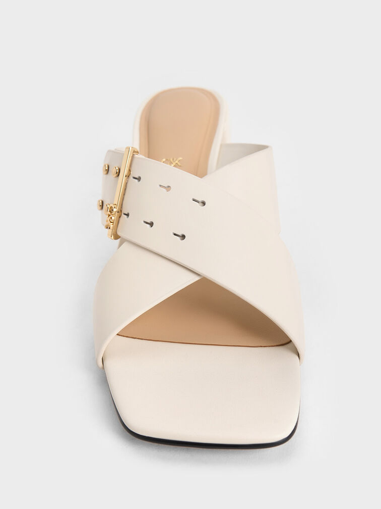 Leather Crossover Block Heel Mules, White, hi-res