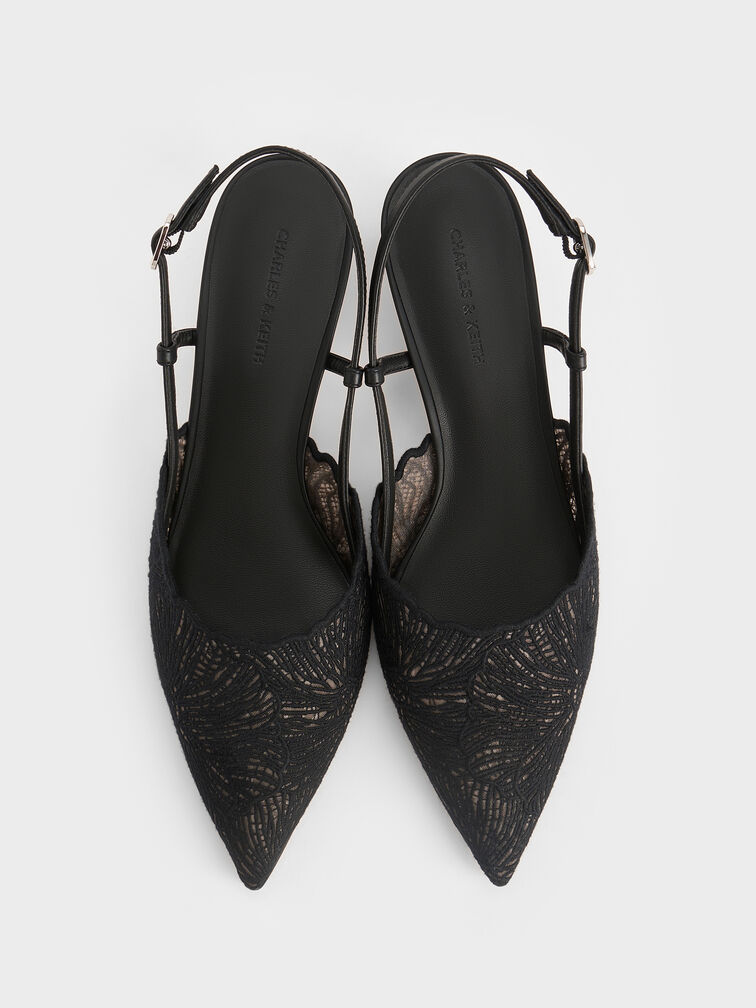 Crochet Floral Pointed-Toe Slingback Pumps, Black Textured, hi-res