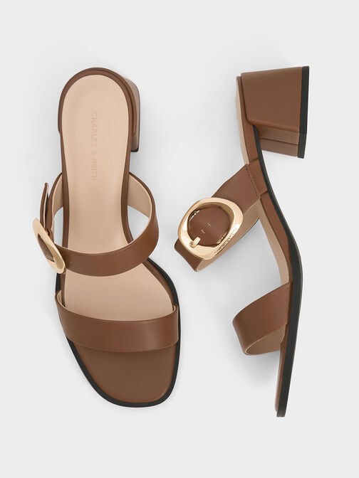 Oval-Buckle Heeled Mules, Cognac, hi-res