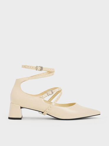 Crinkle-Effect Strappy Buckled Pumps, Beige, hi-res