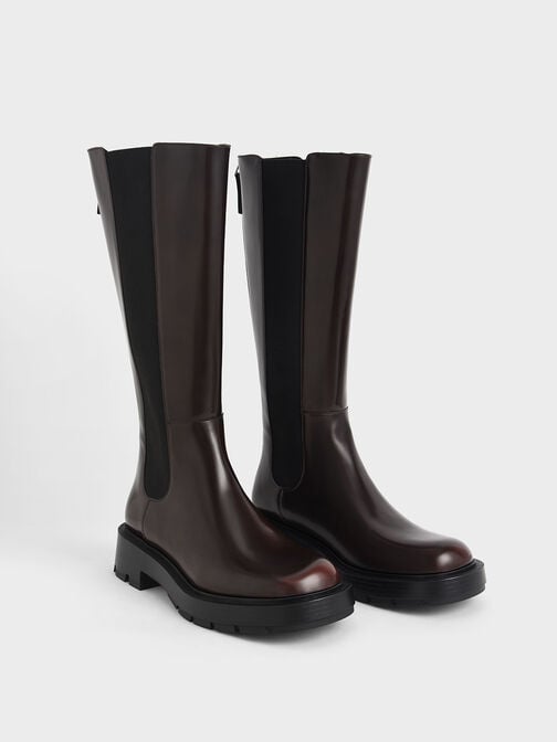 Zip-Up Chelsea Knee Boots, Dark Brown, hi-res