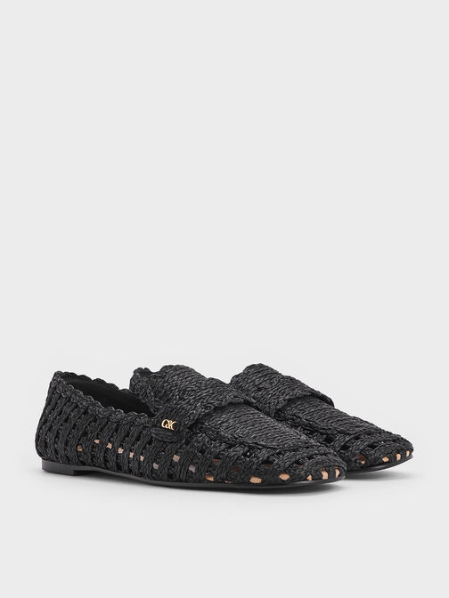 Raffia Woven Loafers, Black Textured, hi-res