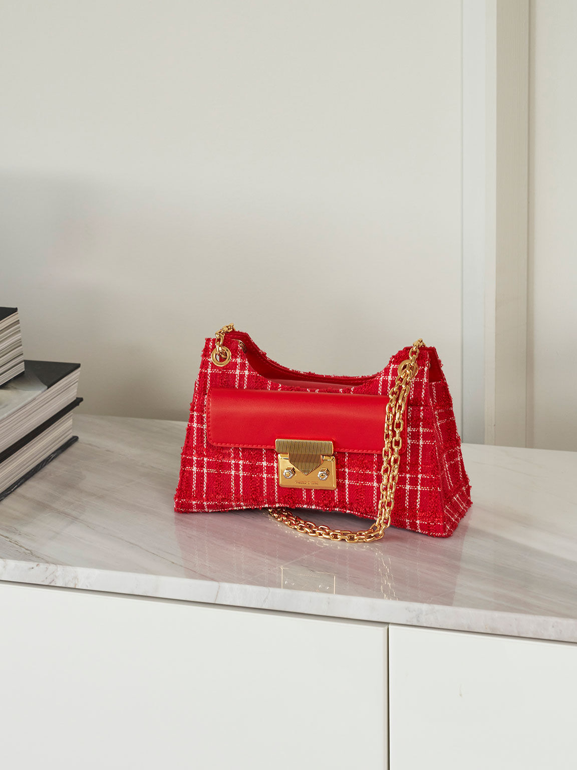 Red Eudora Tweed Sculptural Bag CHARLES KEITH SG