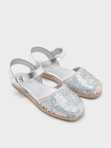 Girls' Sequin Espadrille Flats, Silver, hi-res