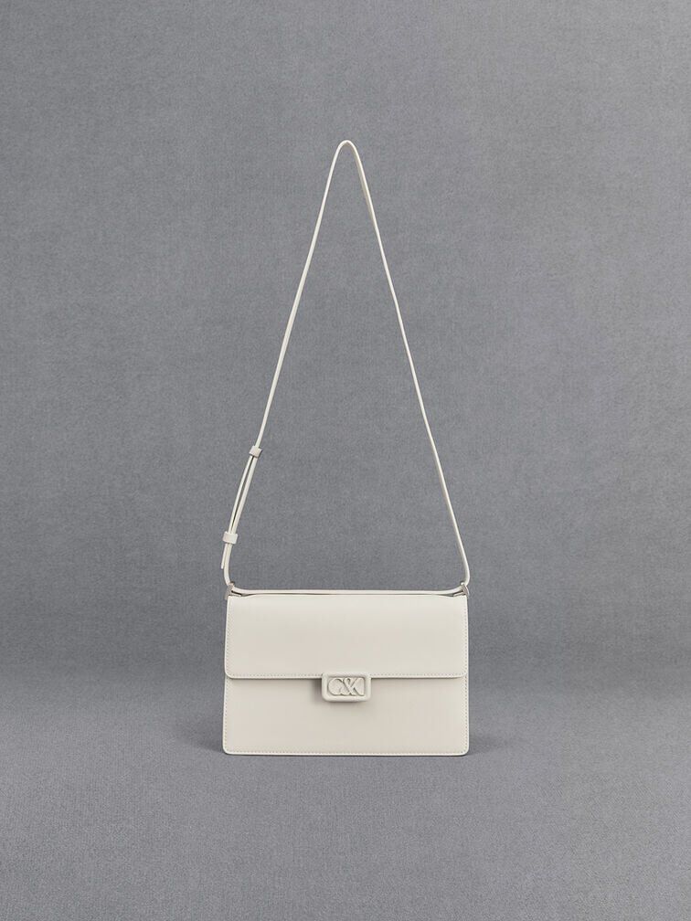 Leather Shoulder Bag, White, hi-res