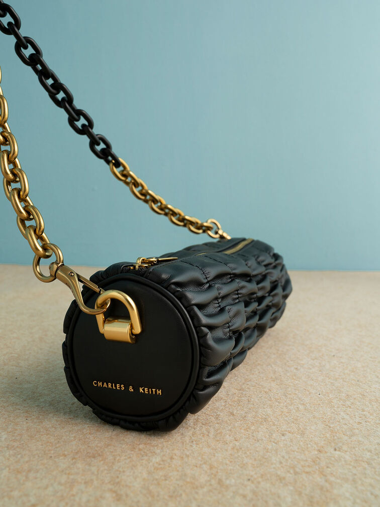 Tallulah Ruched Chain-Handle Shoulder Bag, Black, hi-res