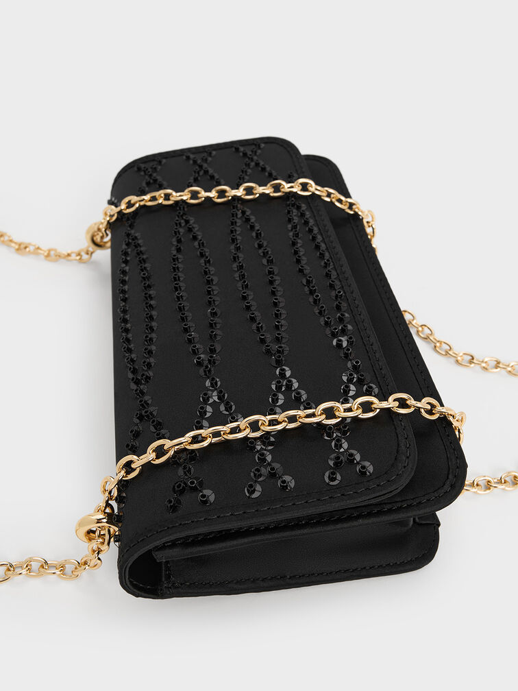 Mini bolso de satén con cadena y lentejuelas, Negro, hi-res