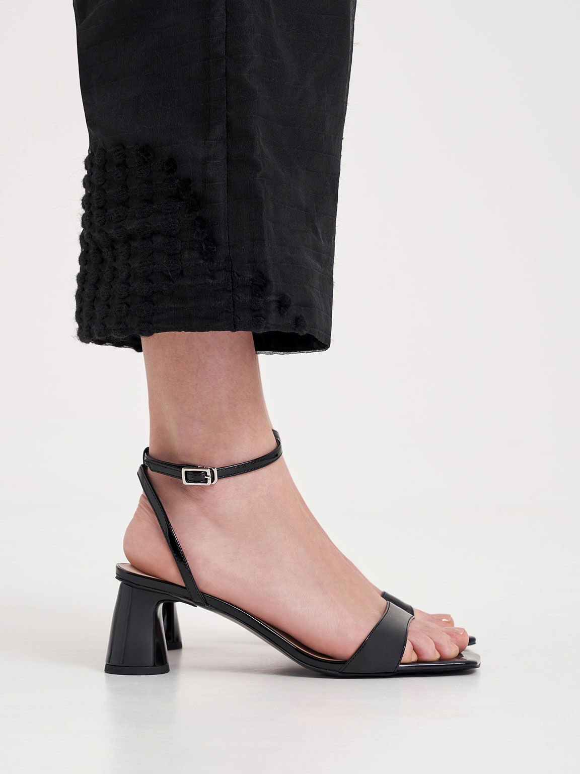 Patent Ankle-Strap Cylindrical Heel Sandals, Black, hi-res