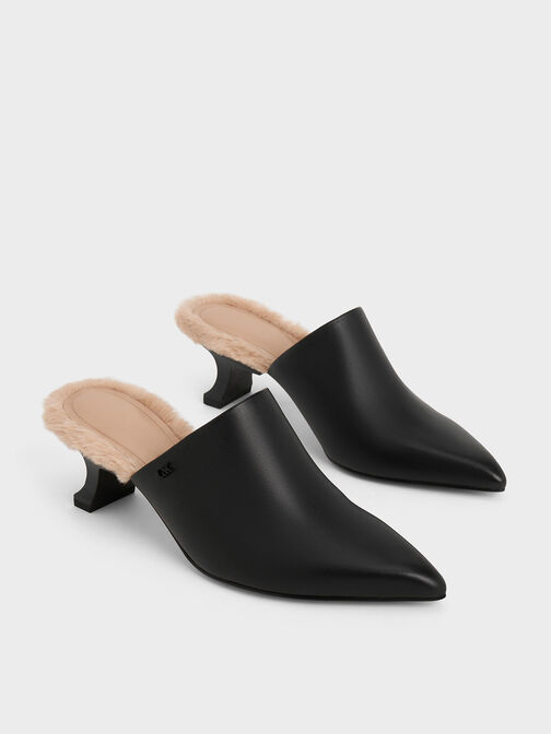 Leather Fur-Trim Sculptural-Heel Mules, Black, hi-res