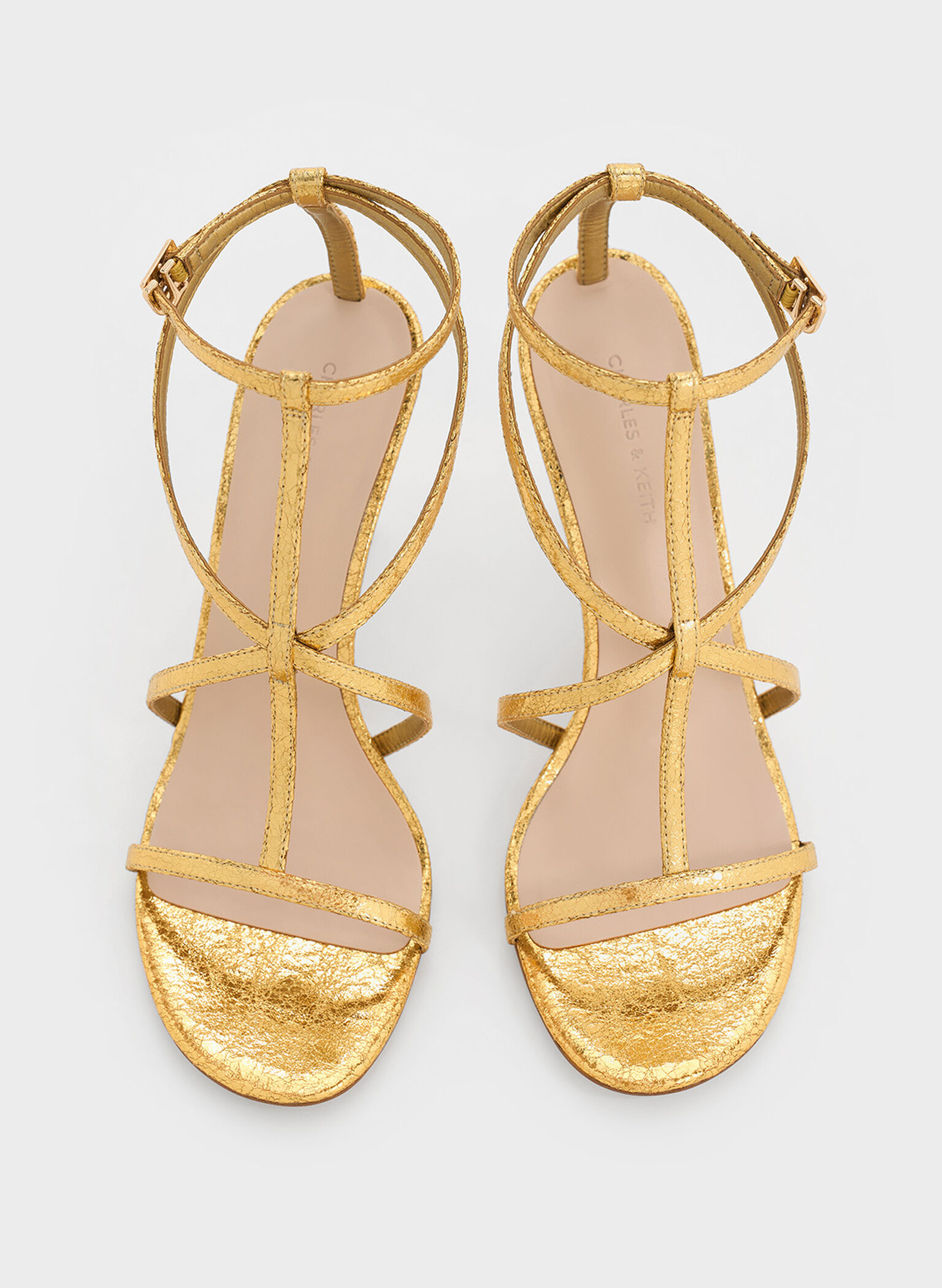 Metallic Crinkle-Effect Strappy Stiletto-Heel Sandals, Dorado, hi-res
