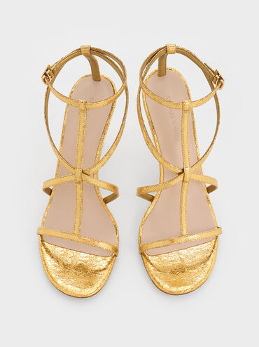 Metallic Crinkle-Effect Strappy Stiletto-Heel Sandals, Dorado, hi-res